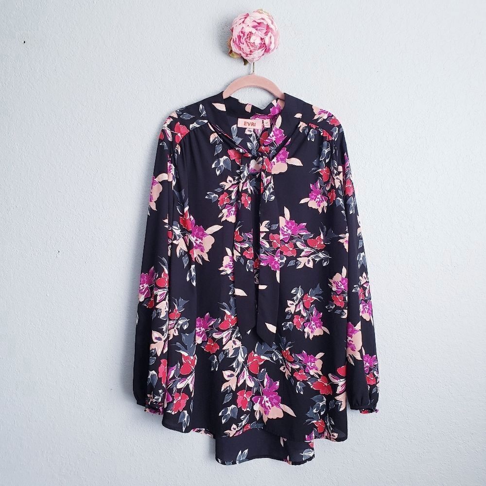 Evri Black Floral Neck Tie Long Sleeve Blouse‎